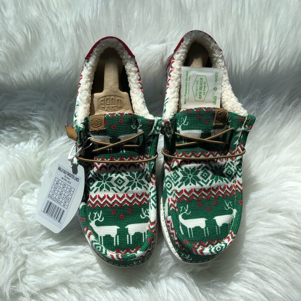 Hey Dude Wally Sweater Lined Moccasin Shoes Mens 10 Holiday Reindeer Knit NWT